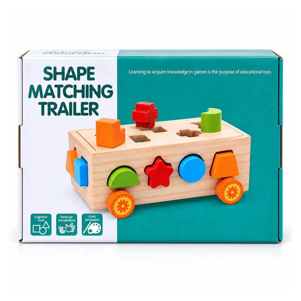 علبة Shape Matching Trailer عليها المقطورة الخشب اللي بتتسحب وقطع الأشكال الملونة