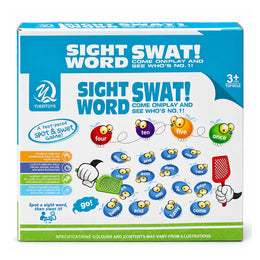 Sight Word Swat! game box, ages 3+, a fast-paced spot and swat game with fly word cards and swatters
