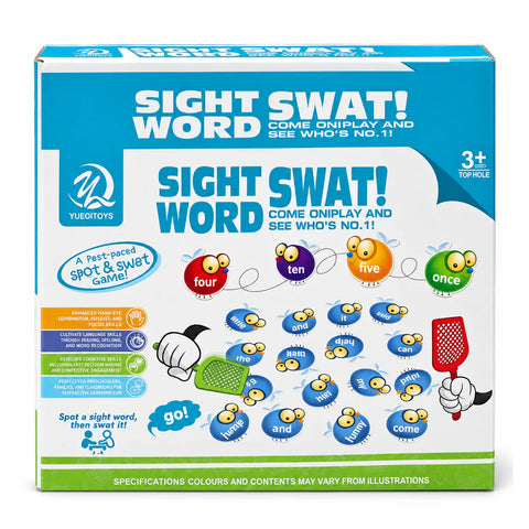 Sight Word Swat! game box, ages 3+, a fast-paced spot and swat game with fly word cards and swatters