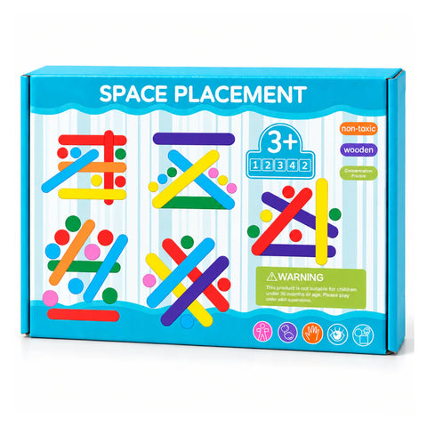 Space Placement box, ages 3+, showing coloured sticks crossed over one another with the challenge cards