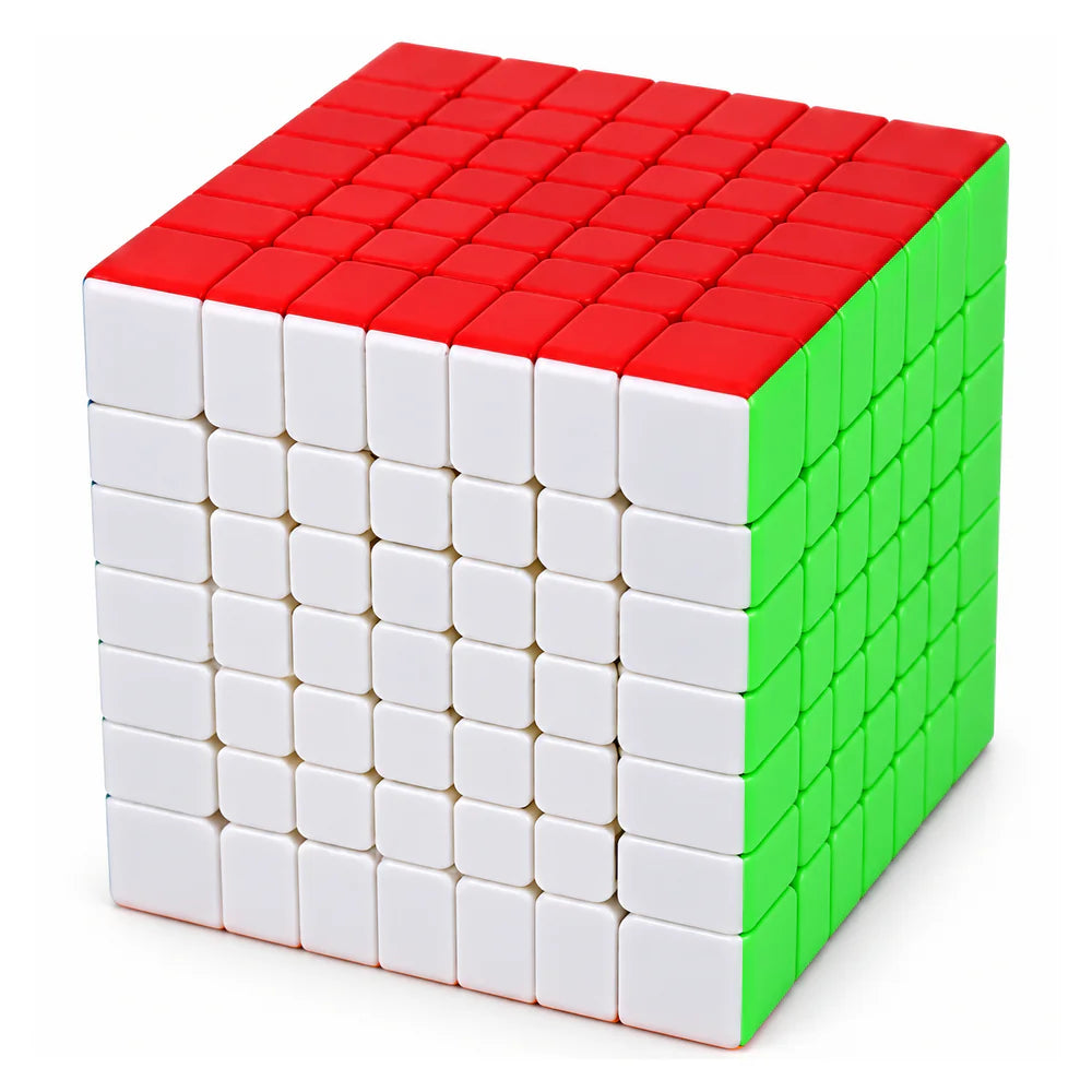 Stickerless 7×7 speed cube showing its red, white and green faces