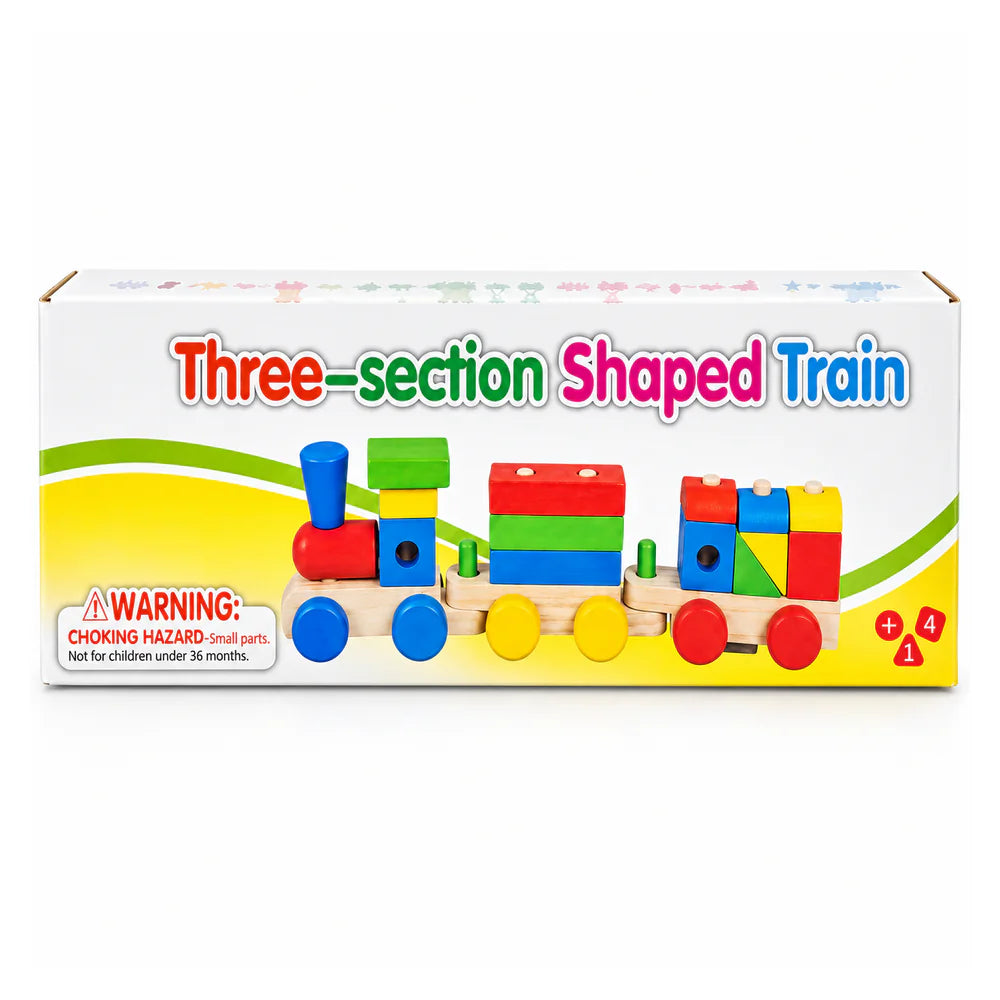 علبة Three-section Shaped Train عليها القطر الخشب اللي بيتفك، وعليه أشكال ملونة على أعمدته