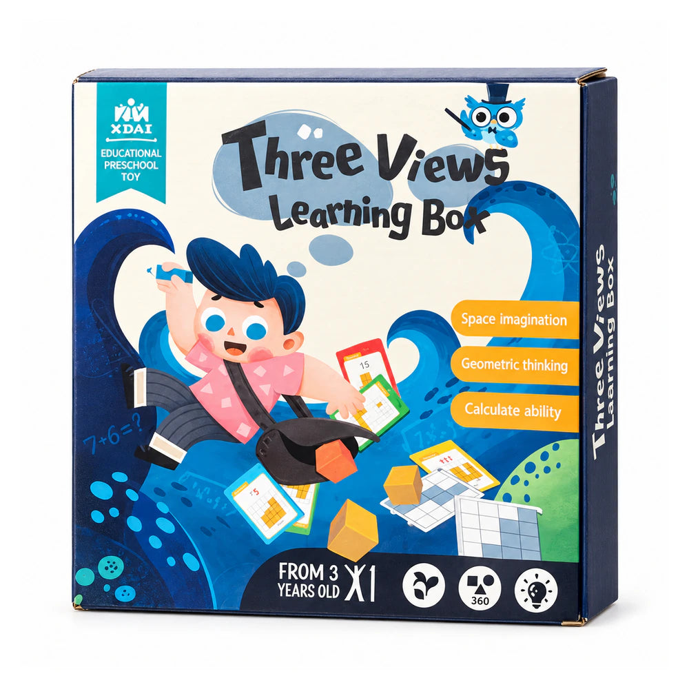 علبة Three Views Learning Box من 3 سنين، عليها ولد بيبني أبراج مكعبات تطابق المنظر من قدام ومن فوق ومن الجنب