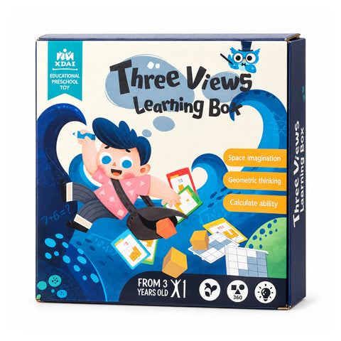 Three Views Learning Box, from 3 years old, with a boy building cube towers to match front, top and side views