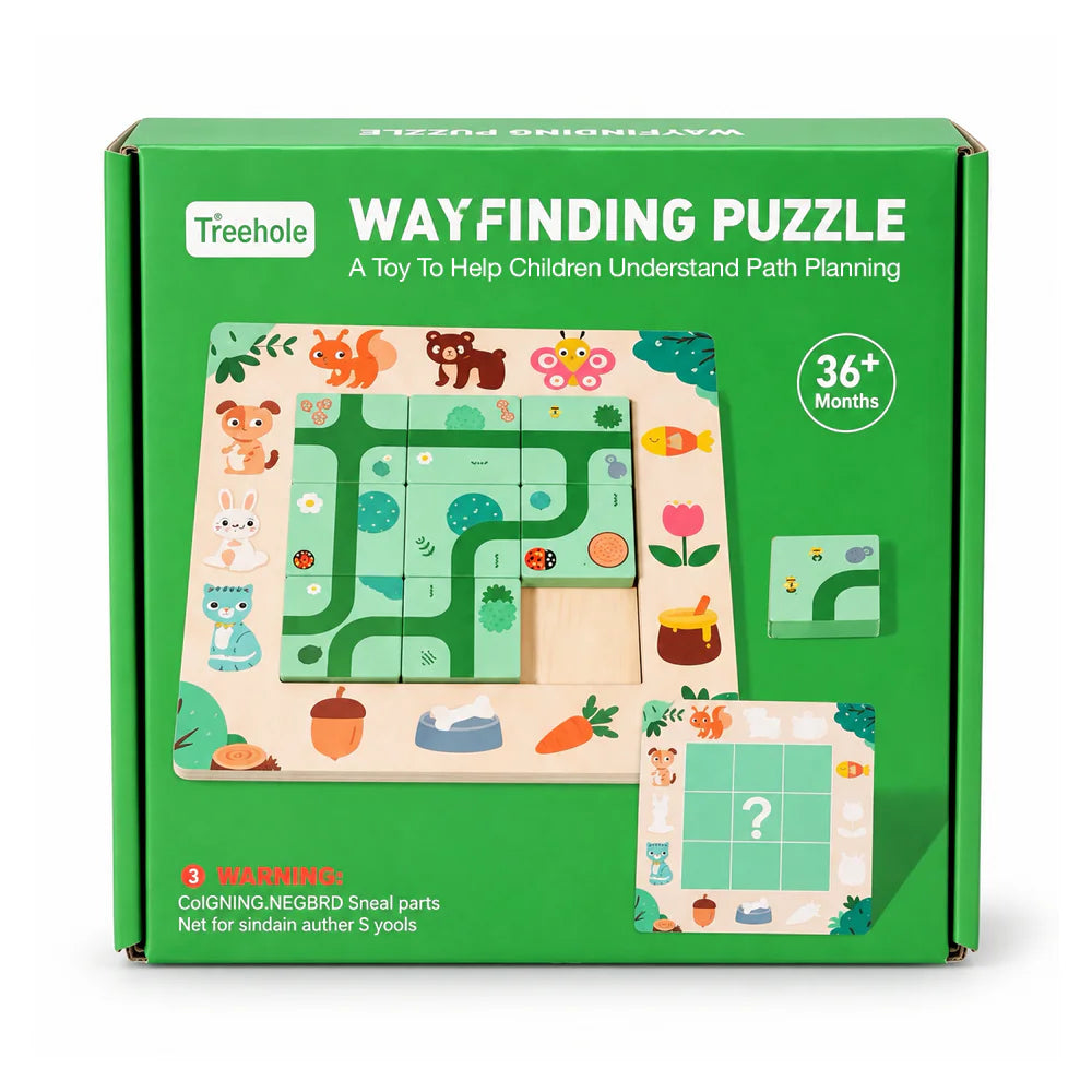 علبة Wayfinding Puzzle من Treehole، من 36 شهر وطالع، لعبة بتساعد الأطفال يفهموا تخطيط المسار، عليها بلاطات طرق وحيوانات على لوحة خضرا