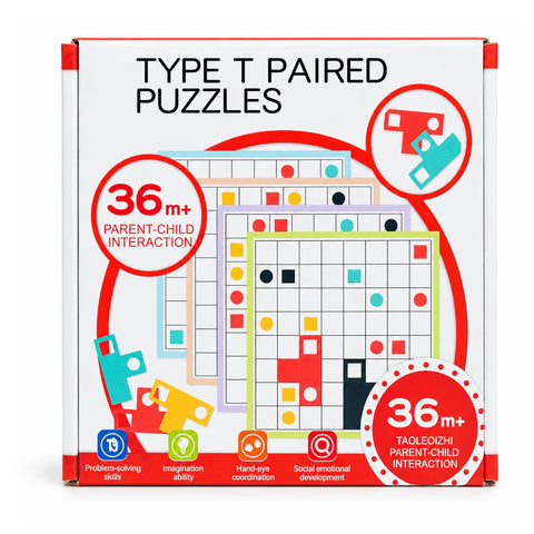 Type T Paired Puzzles box, 36 months and up, a parent-child game with T-shaped pieces on a grid board