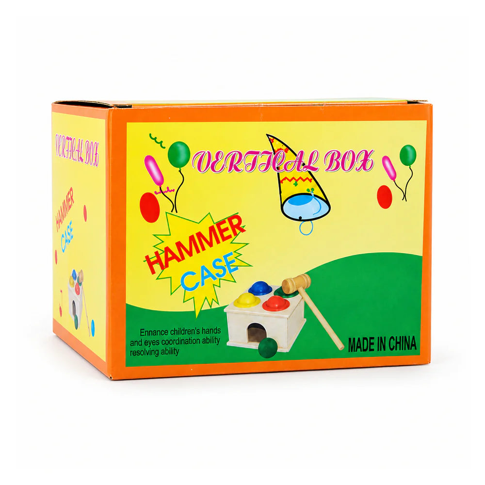 علبة Hammer Case للمنضدة الخشب، عليها الصندوق الخشب والكور الملونة والشاكوش