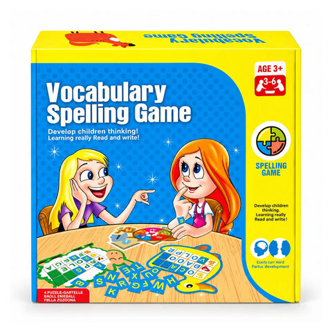 علبة Vocabulary Spelling Game لسن 3+، عليها بنت بتطابق كروت الصور بالحروف