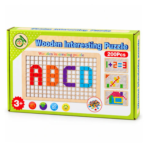 علبة Wooden Interesting Puzzle، 200 قطعة، لسن 3+، عليها حروف ABCD مكتوبة بمكعبات ملونة على اللوحة