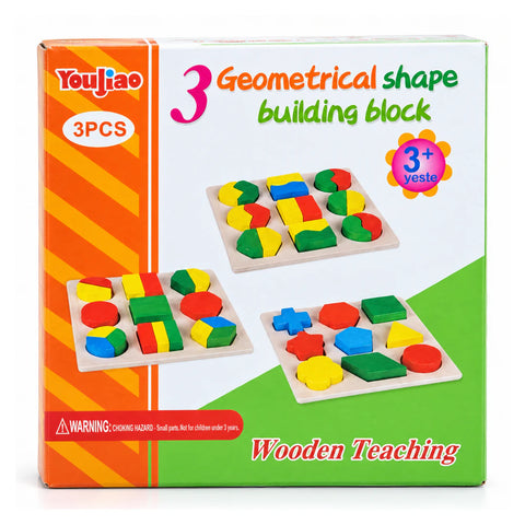 علبة YouJiao 3 Geometrical shape building block، 3 لوحات، لسن 3+، فيها تلات بازلات خشب بمستويات متدرجة